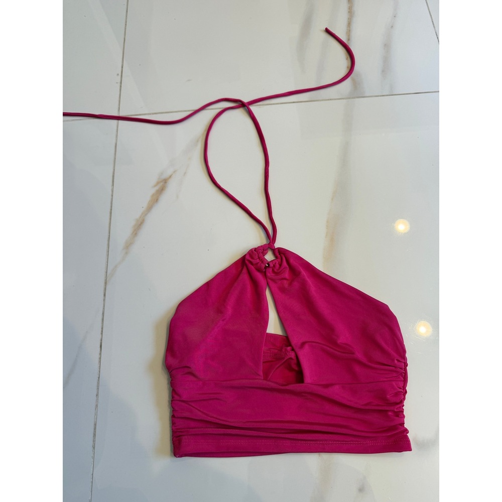 Hot Pink Halter Crop Top Keyhole Cutout Ruched Festival Party Top Womens